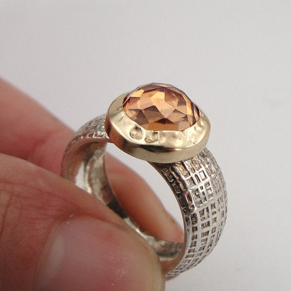 Champagne Quartz Silver Ring With 9K Gold Gift for Her