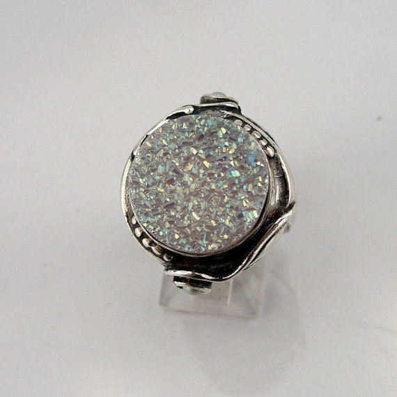 Sterling silver Druzy agate and pearls ring