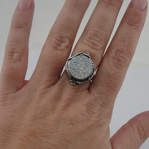 Sterling silver Druzy agate and pearls ring