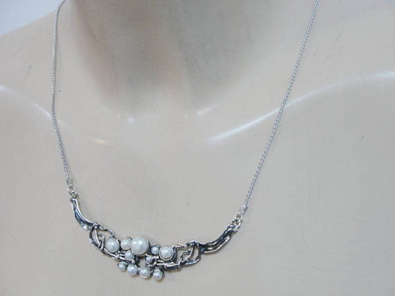Hadar Jewelry, 925 Sterling Silver Cluster Pearl Pendant, Pearl Necklace, Wedding Necklace, Free Shipping, Bridal Jewelry, White Pearl (4103
