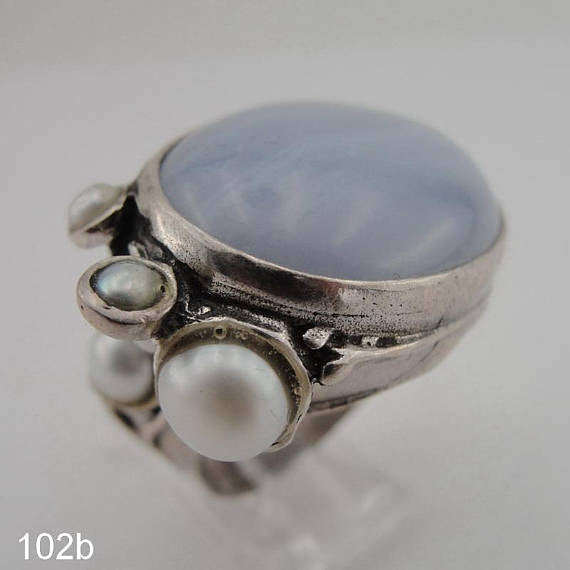 Hadar Designers Lace Agate Pearl Ring Handmade 925 Silver Luxurious Chunky Ring for Women and Men