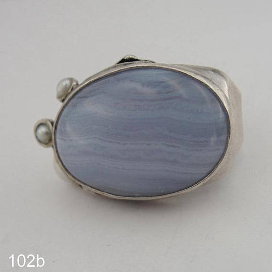 Hadar Designers Lace Agate Pearl Ring Handmade 925 Silver Luxurious Chunky Ring for Women and Men