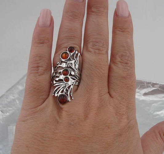 Hadar Jewelry Long 925 Amber Ring, Handcrafted Sterling Silver Amber Ring