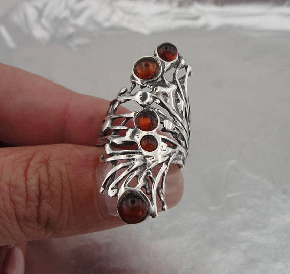 Hadar Jewelry Long 925 Amber Ring, Handcrafted Sterling Silver Amber Ring