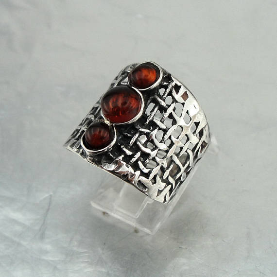 Hadar Jewelry Long 925 Amber Ring, Handcrafted Sterling Silver Amber Ring