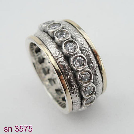 Two Gold & Silver Ring and in Center Studded Zircons Swivel Ring