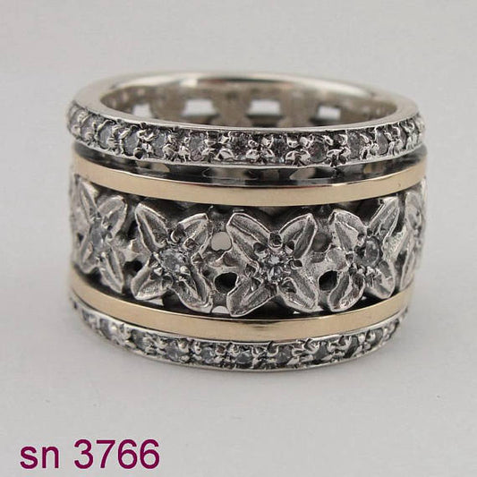 New 9K Yellow Gold and 925 Silver Swivel band, King Ring, Wedding band,flower ,zircon, Wedding Gift, Wedding bands size 7.5 (sn 3766r