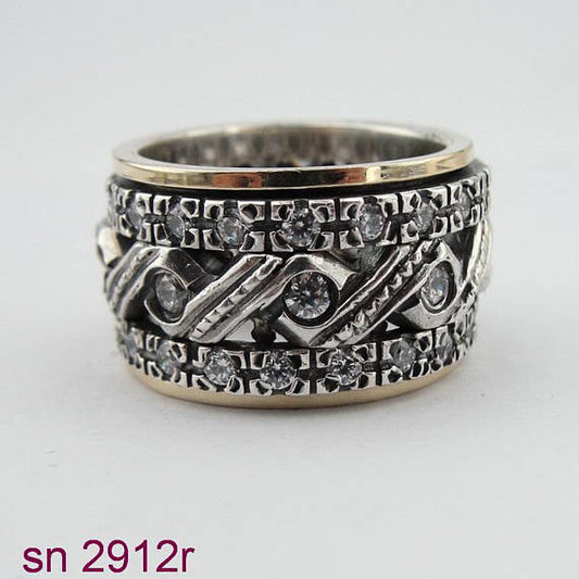 Swivel Band With Sterling Silver And 9K Gold Decorated With White Zircon