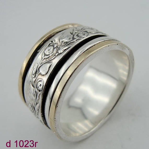 ISRAEL Fabulous Handcrafted 9K Yellow Gold 925 Silver Swivel Ring gift ,ring, swivel ring Size 8 (d 1023r)