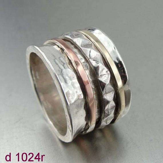 ISRAEL Fabulous Handcrafted 9K Yellow Gold 925 Silver Swivel Ring gift ,ring, swivel ring Size 8 (d 1024r)