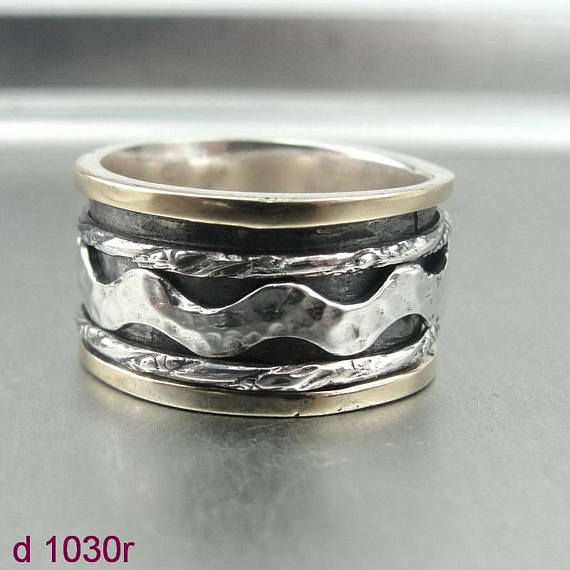ISRAEL Fabulous Handcrafted 9K Yellow Gold 925 Silver Swivel Ring gift ,ring, swivel ring Size 9 , 9.5 (d 1030r)