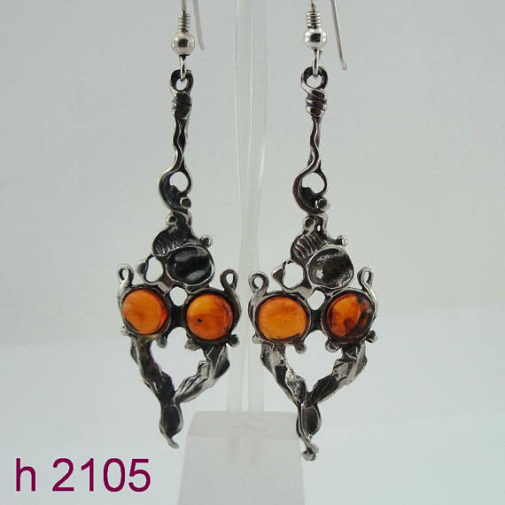 Amber Silver Earrings, Long Silver Earrings, Sculpted Sterling Silver Amber Long Earrings (h 2105)