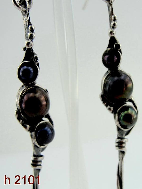 Hadar NEW Long Sterling Silver black pearl Earrings