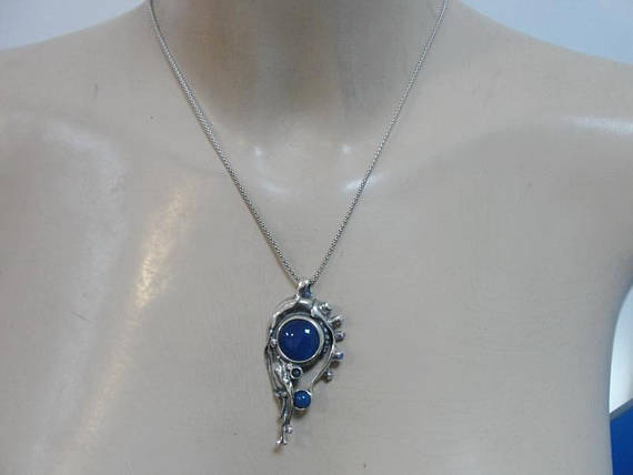 Hadar handcrafted Huge Sterling Silver Blue Agate Pendant ( 438