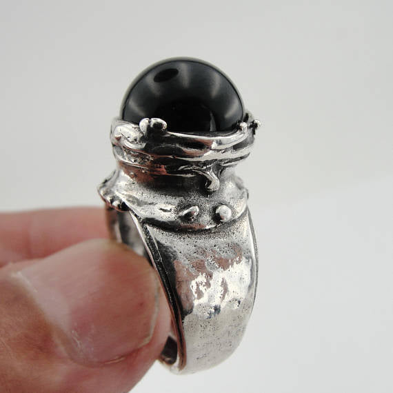 Hadar Fabulous Large handmade Sterling Silver onix Ring size 7 and can be resize ( 148)