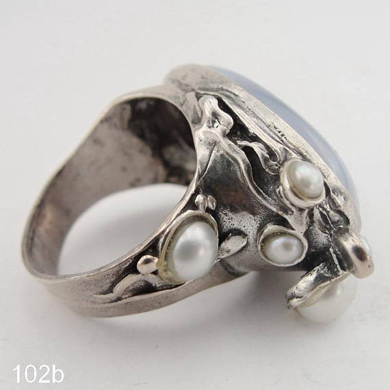 Hadar Designers Lace Agate Pearl Ring Handmade 925 Silver Luxurious Chunky Ring for Women and Men