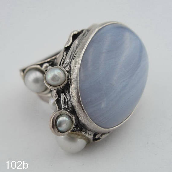 Hadar Designers Lace Agate Pearl Ring Handmade 925 Silver Luxurious Chunky Ring for Women and Men