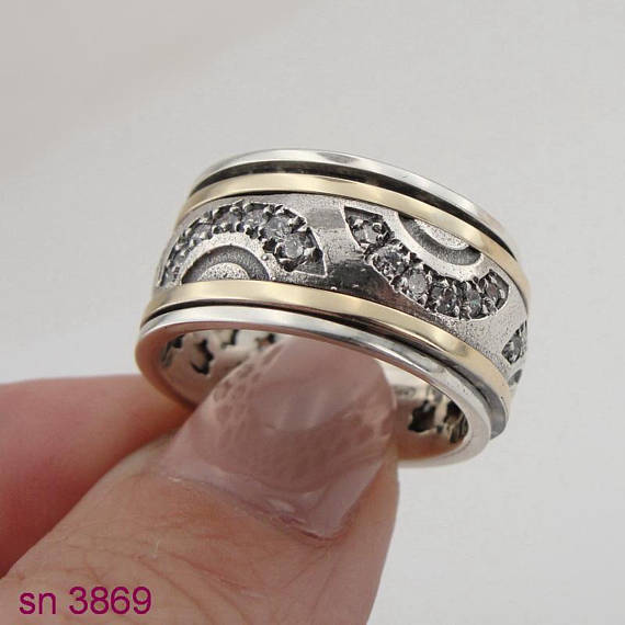Israel Handmade Gold 9k Silver 925 Zircon Swivel Ring size 11 (sn 3869