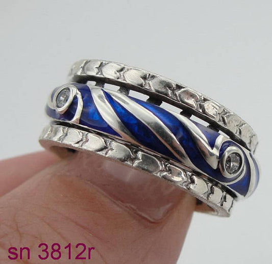 Fabulous Handmade Sterling Silver 925 Blue Ceramic Rings Unisex Ring Swivel Ring