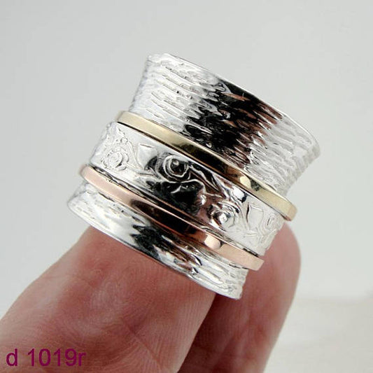 ISRAEL Fabulous Handcrafted 9K Yellow Gold 925 Silver Swivel Ring gift ,ring, swivel ring Size 7.5 (d 1019r)
