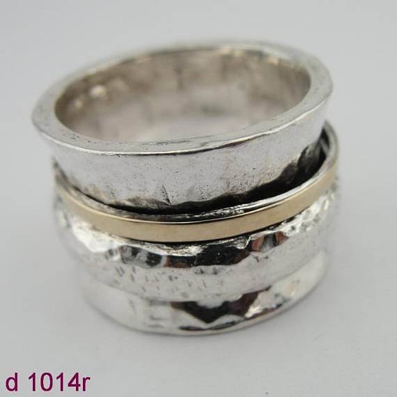 ISRAEL Fabulous Handcrafted 9K Yellow Gold 925 Silver Swivel Ring gift ,ring, swivel ring Size 8 (d 1014r)