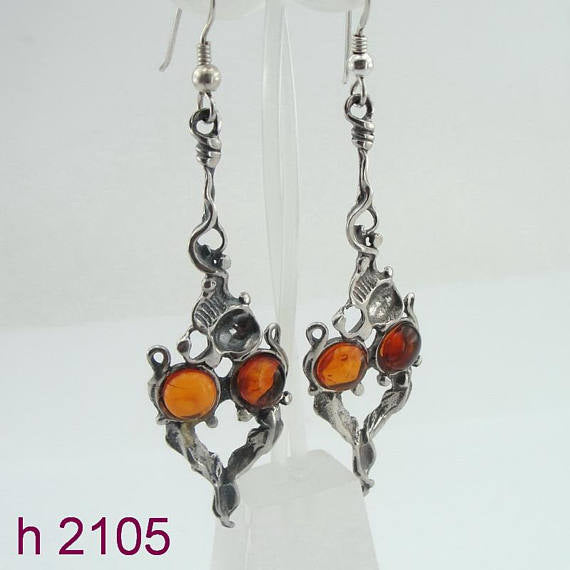 Amber Silver Earrings, Long Silver Earrings, Sculpted Sterling Silver Amber Long Earrings (h 2105)