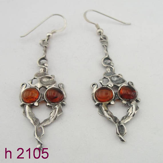 Amber Silver Earrings, Long Silver Earrings, Sculpted Sterling Silver Amber Long Earrings (h 2105)