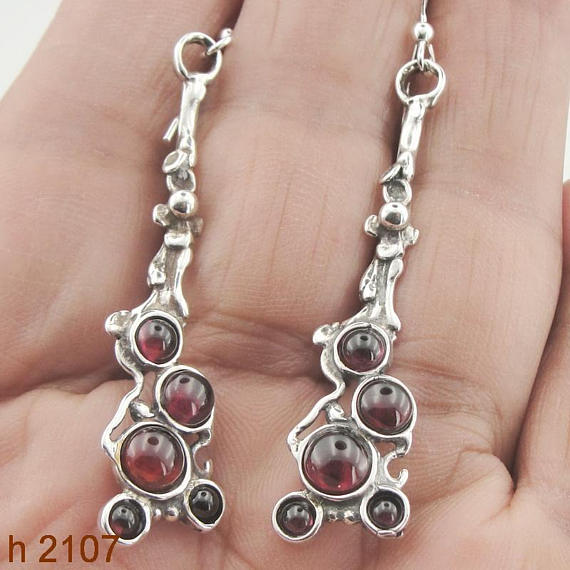 Hadar NEW Long Sterling Silver Cluster garnet , gift ,Christmas, Earrings (h 2107)