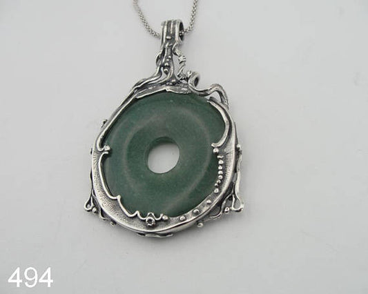 Round Pendant, Sterling silver and Natural agate, dark green gemstone, Unisex Pendant, jewelry for men, jewelry for men, unisex pendant