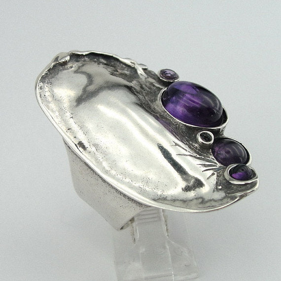 Bold Sterling Silver Amethyst Ring Elegant Israeli Jewelry for Women Purple Stone Ring