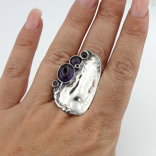 Bold Sterling Silver Amethyst Ring Elegant Israeli Jewelry for Women Purple Stone Ring