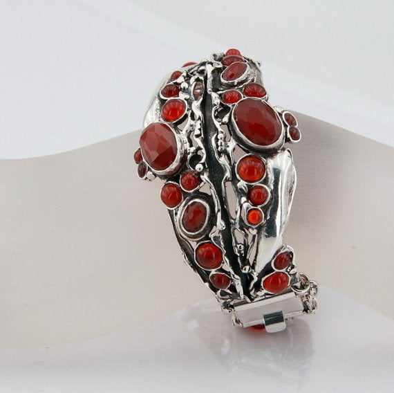 Red Carnelian Sterling Silver Bracelet Statement Brace Israeli Jewelry