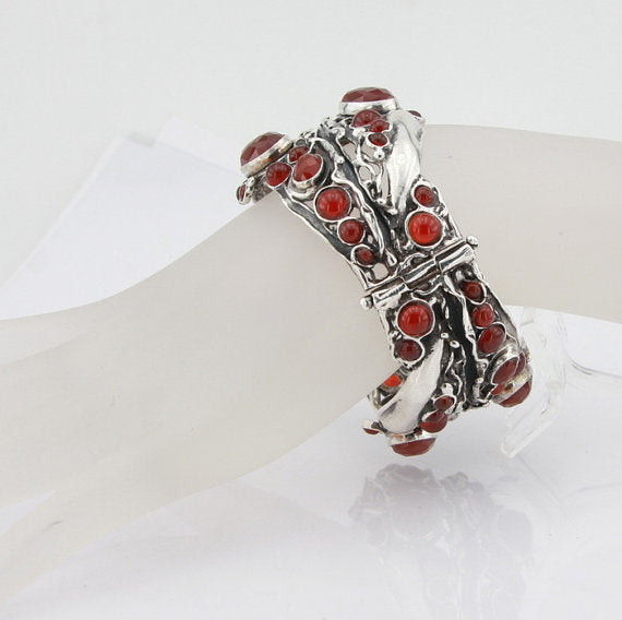 Red Carnelian Sterling Silver Bracelet Statement Brace Israeli Jewelry