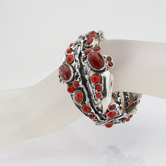 Red Carnelian Sterling Silver Bracelet Statement Brace Israeli Jewelry