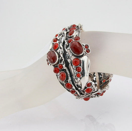 Red Carnelian Sterling Silver Bracelet Statement Brace Israeli Jewelry