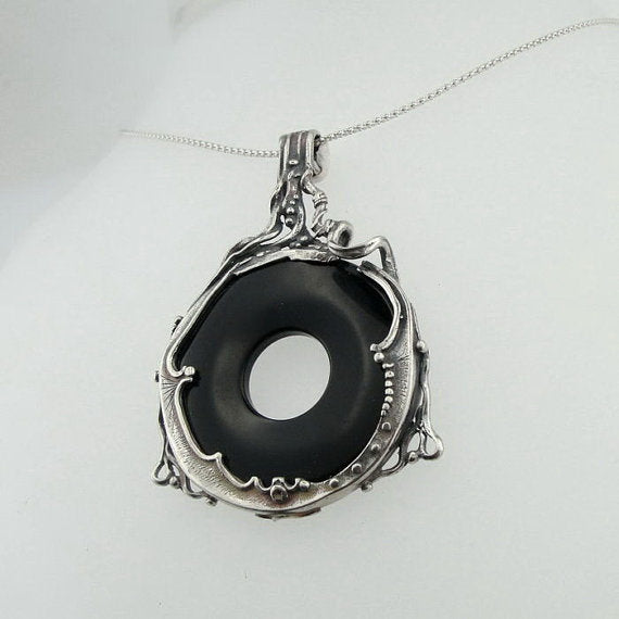 Hadar Handcrafted Large Sterling Silver Onyx Pendant Gift for December Babies