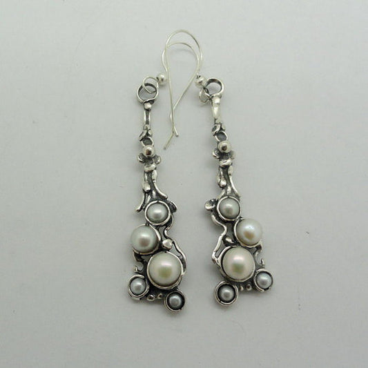 Hadar NEW Long Sterling Silver Cluster Pearl Earrings (h 2107)