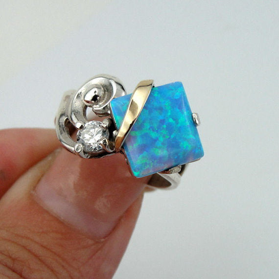 Great Handmade 9K Yellow Gold Sterling Silver Opal CZ Ring (s e2422