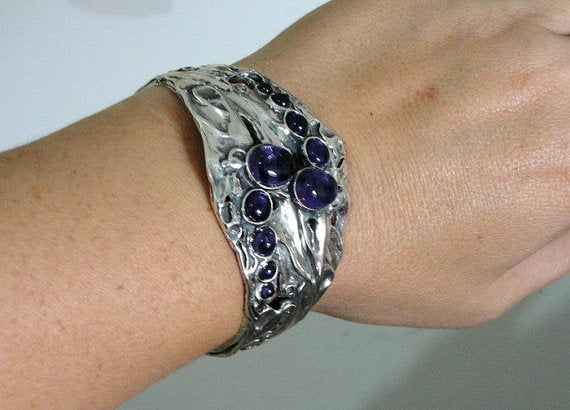 Amethyst Sterling Silver Cuff Bracelet Purple Stone Bracelet for Israeli Women