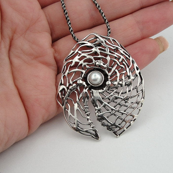 Hadar Handcrafted Large Sterling Silver Pearl Pendant Luxury Israeli Jewelry