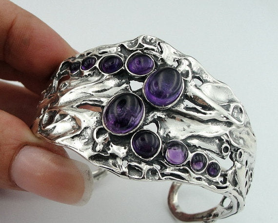 Amethyst Sterling Silver Cuff Bracelet Purple Stone Bracelet for Israeli Women