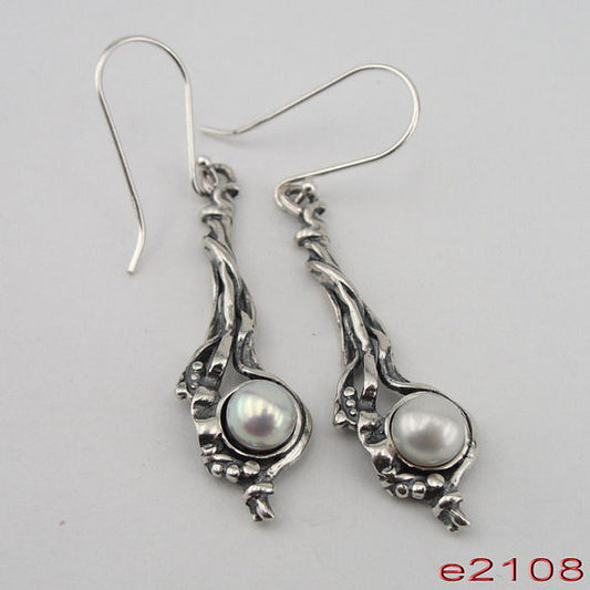 woman NEW israel made Long 925 Sterling Silver Cluster Pearl Earrings (e 2108)