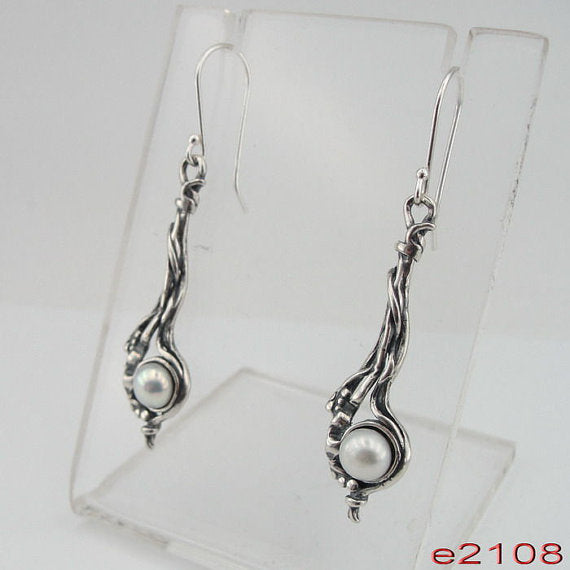woman NEW israel made Long 925 Sterling Silver Cluster Pearl Earrings (e 2108)