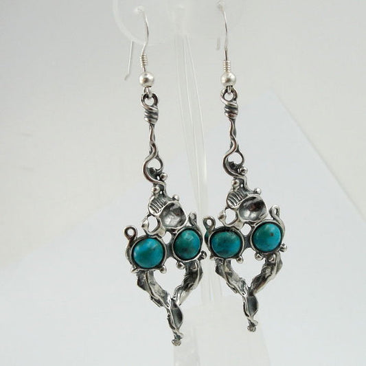 Hadar Designers Handmade Long Dangle 925 Sterling Silver Turquoise Earrings