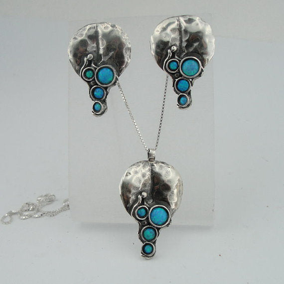 HADAR Israel Sterling Silver and Opal Handmade Leaf-Design Pendant & Earrings, Opal Jewelry Set , Opal silver Earrings, Opal Necklace, Gift