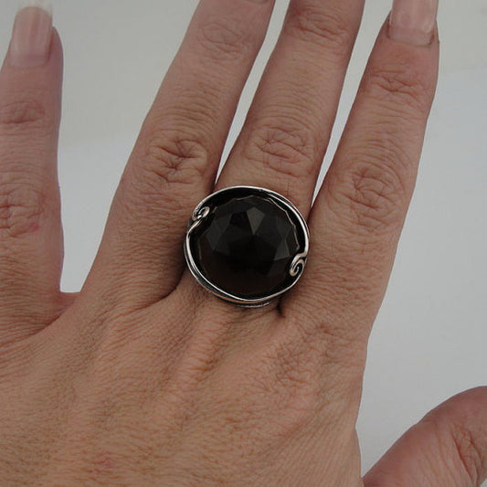 Large Round Smokey Topaz Sterling Silver Ring (184)
