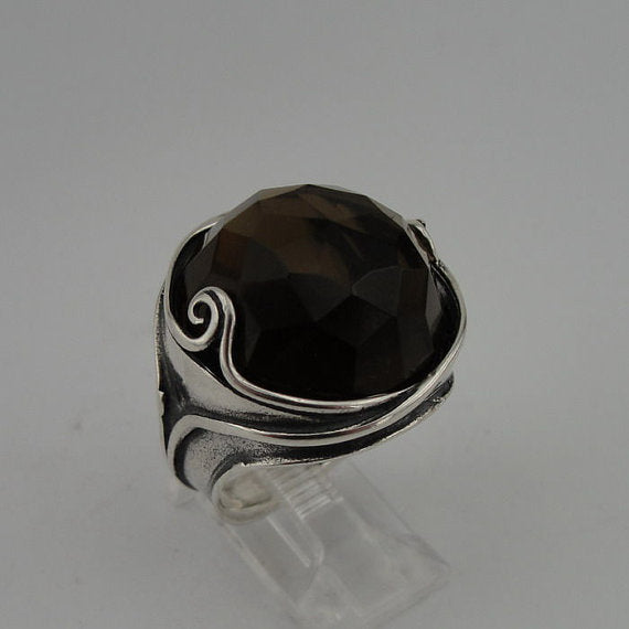 Large Round Smokey Topaz Sterling Silver Ring (184)