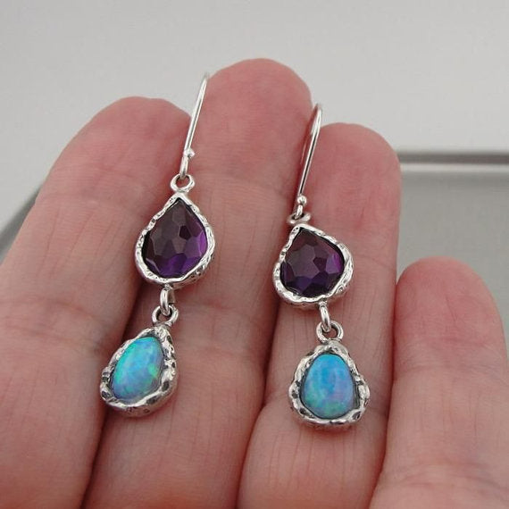 Hadar Jewelryl Handmade Gorgeous Silver Amethyst Opal Earrings (AS 41985
