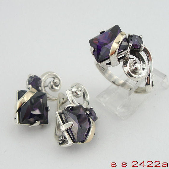 Great Handmade 9K Yellow Gold Sterling Silver Amethyst CZ Set.ring.earrings (s s 2422a)