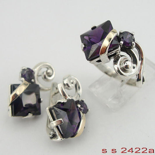Great Handmade 9K Yellow Gold Sterling Silver Amethyst CZ Set.ring.earrings (s s 2422a)
